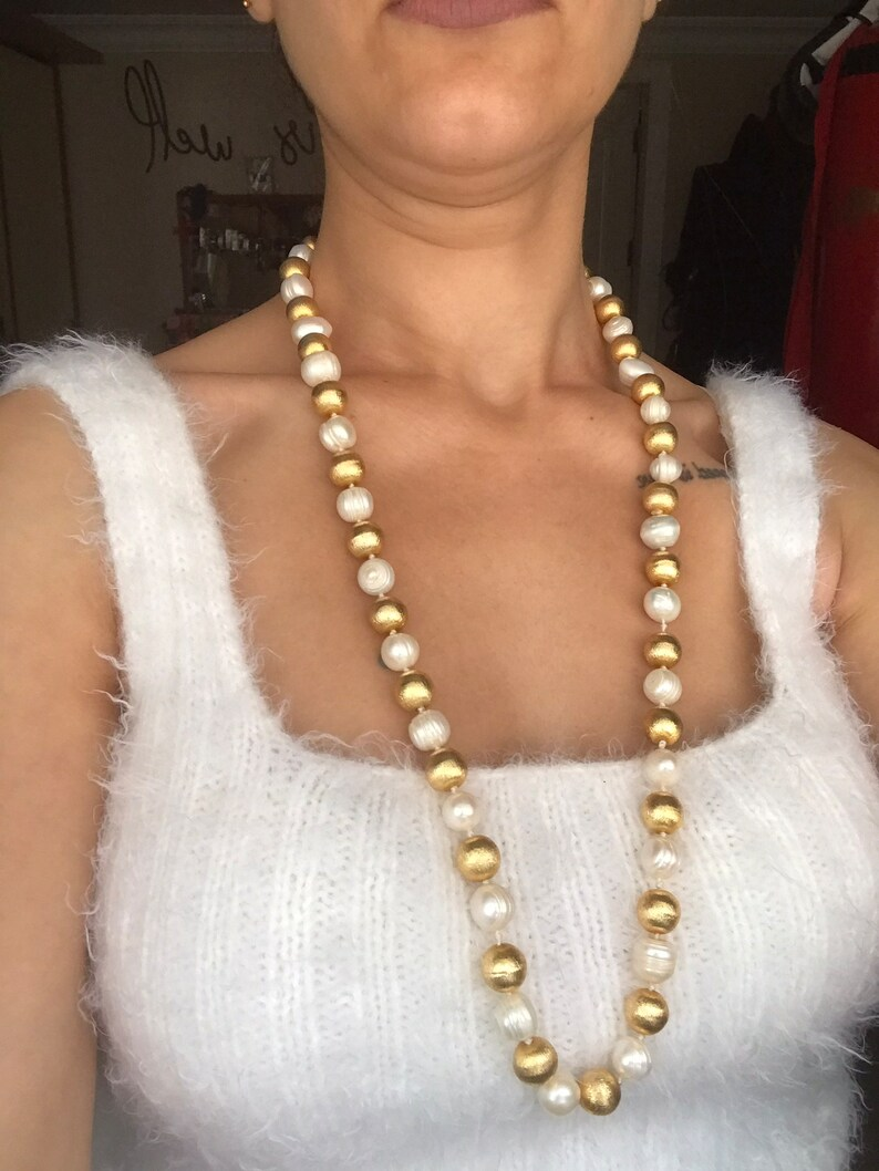 Hand Knitted Pearl Long Necklace