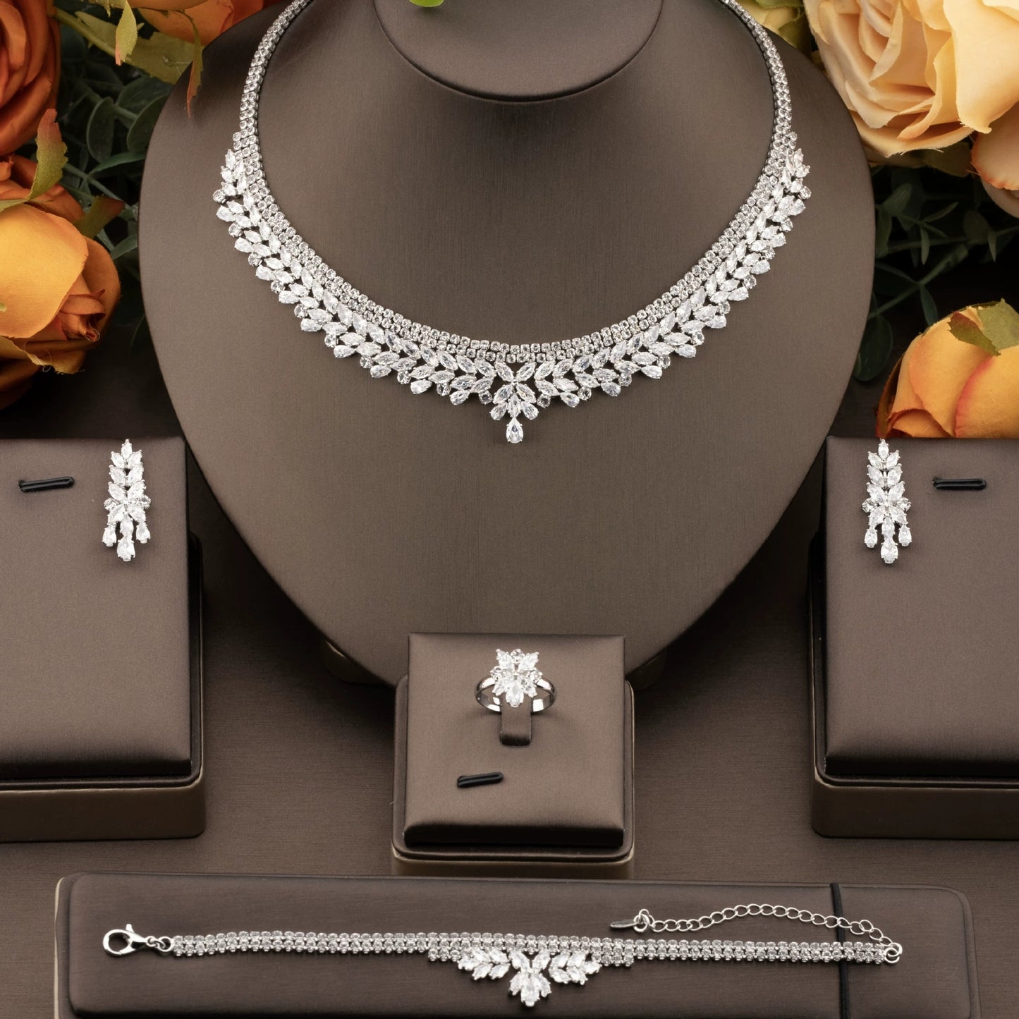1 elegant set of sparkling cubic zirconia bouquet pendant design jewelry set