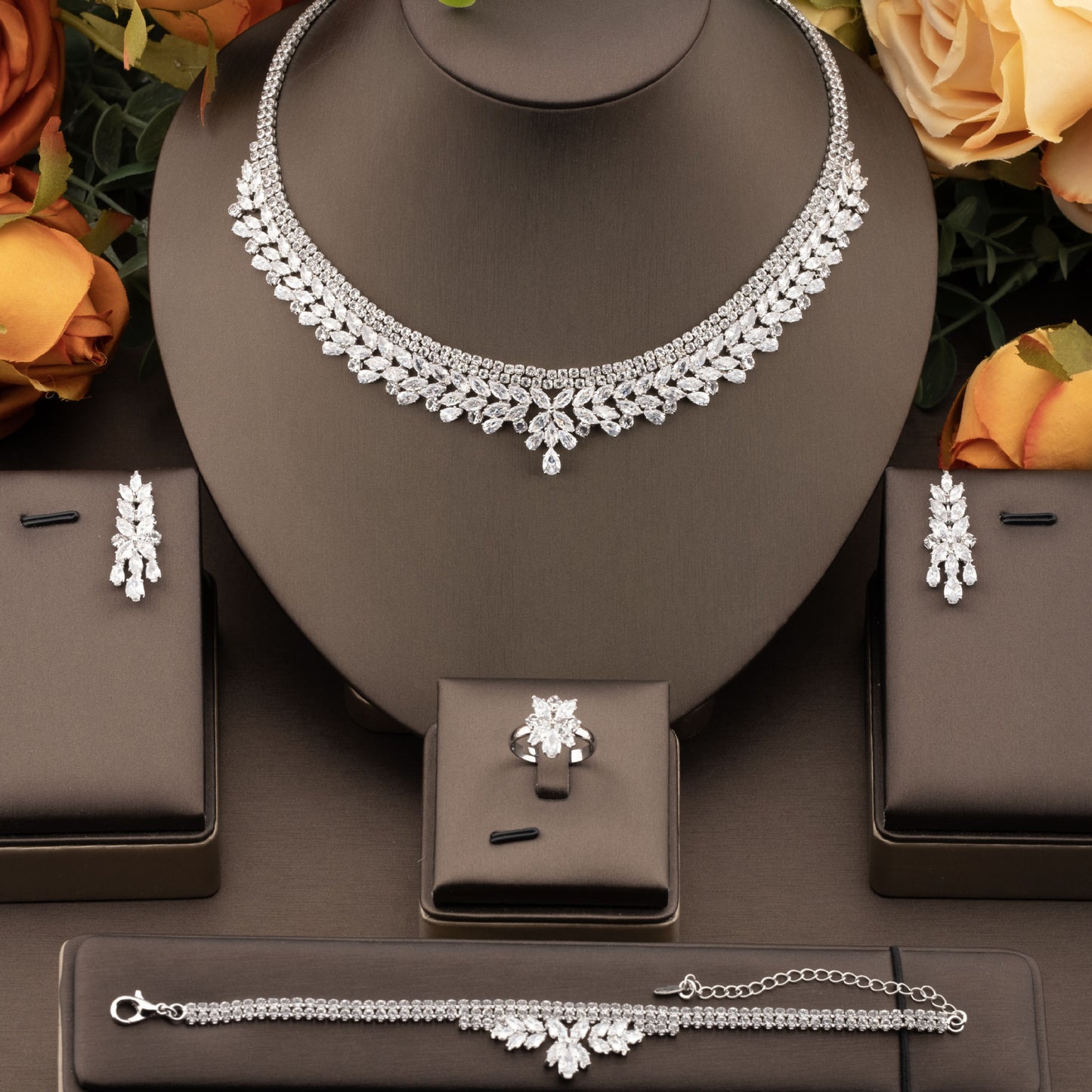 1 set of elegant inlaid sparkling cubic zirconia bouquet pendant design jewelry set for ladies party banquet