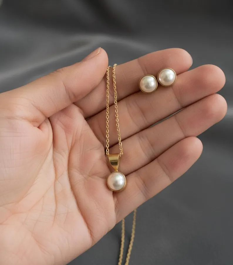Natural Pearl Jewelry Set, Dainty Pearl Necklace Earrings Ring Set