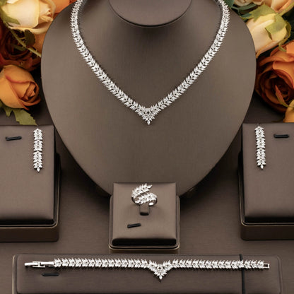 1 set of luxurious and elegant inlaid cubic zirconia v-neck wheat ear design jewelry set suitable for women’s wedding wear