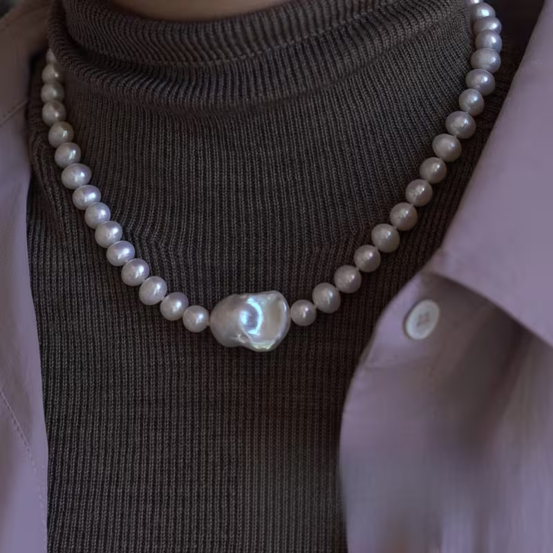 Natural Freshwater Pearls, Baroque French Style Light Luxury Sweater Necklace