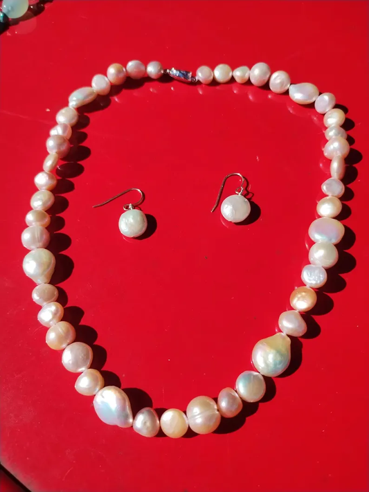 soft pink white Freshwater Coin Pearl necklace and earrings set