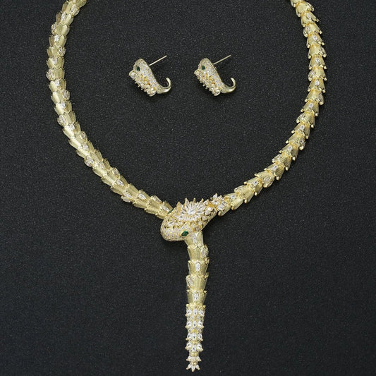 Zircon necklace and earring set for brides, wedding dresses, evening events, engagements, snake-shaped jewelry