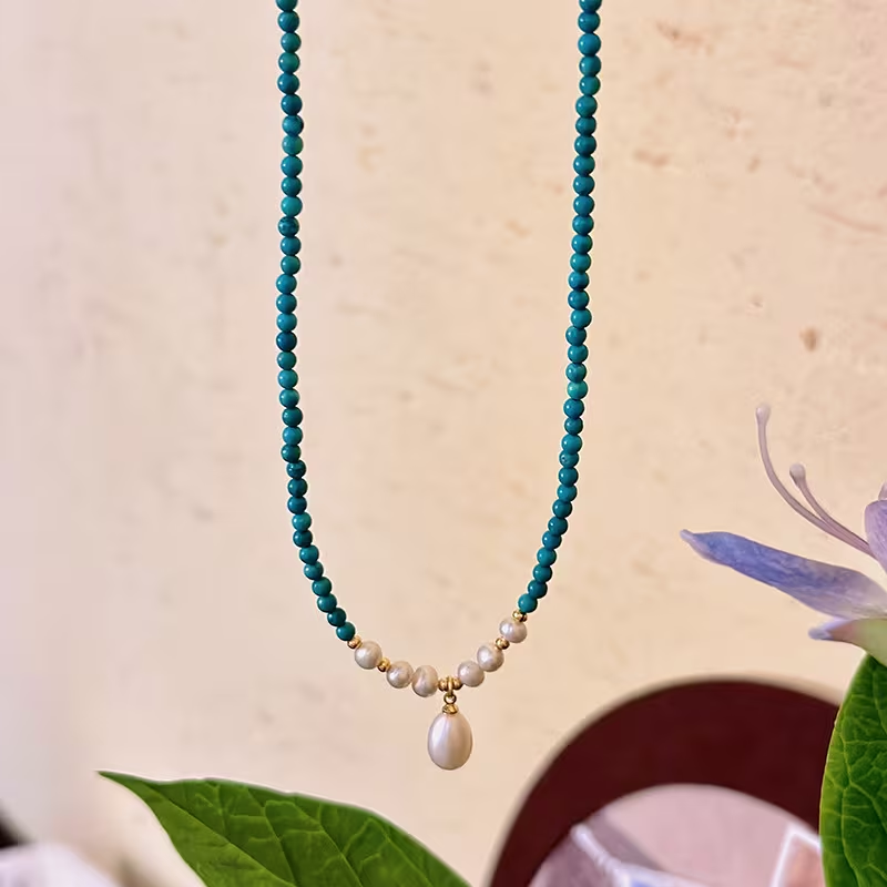 New Retro Turquoise with Freshwater Pearl Necklace