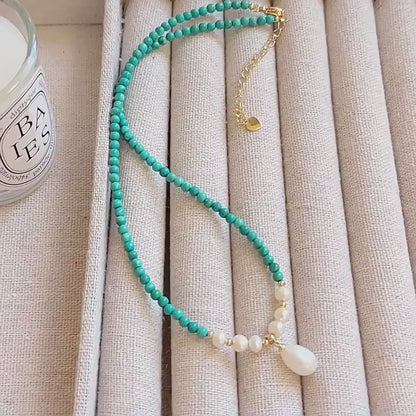 New Retro Turquoise with Freshwater Pearl Necklace