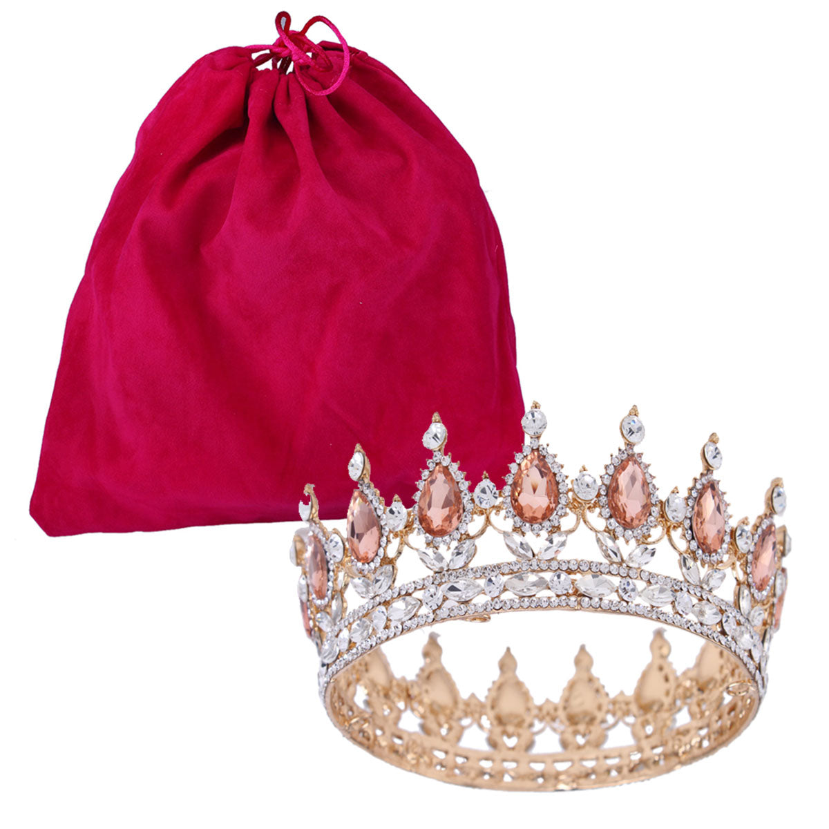 Fumud 2" Height Silver and Gold Plated Crystal Rhinestone Ruby Full Circle Tiara Crown Bridal Wedding Jewelry Hair Accessories (41-gold-red)