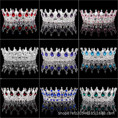 Fumud 2" Height Silver and Gold Plated Crystal Rhinestone Ruby Full Circle Tiara Crown Bridal Wedding Jewelry Hair Accessories (41-gold-red)